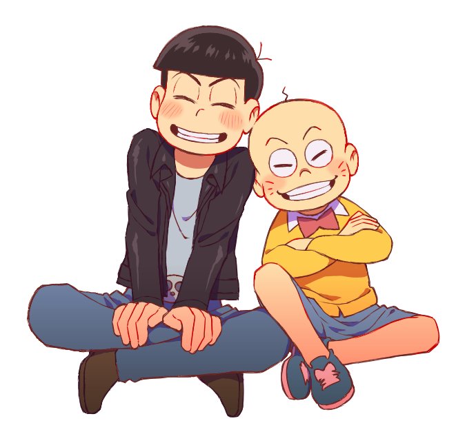 2boys bald blue_shorts bow bowtie chibita closed_eyes crossed_arms denim full_body grin indian_style jeans kabu_(bekka) male_focus matsuno_karamatsu multiple_boys osomatsu-kun osomatsu-san pants shorts simple_background sitting smile sunglasses sunglasses_removed whisker_markings white_background