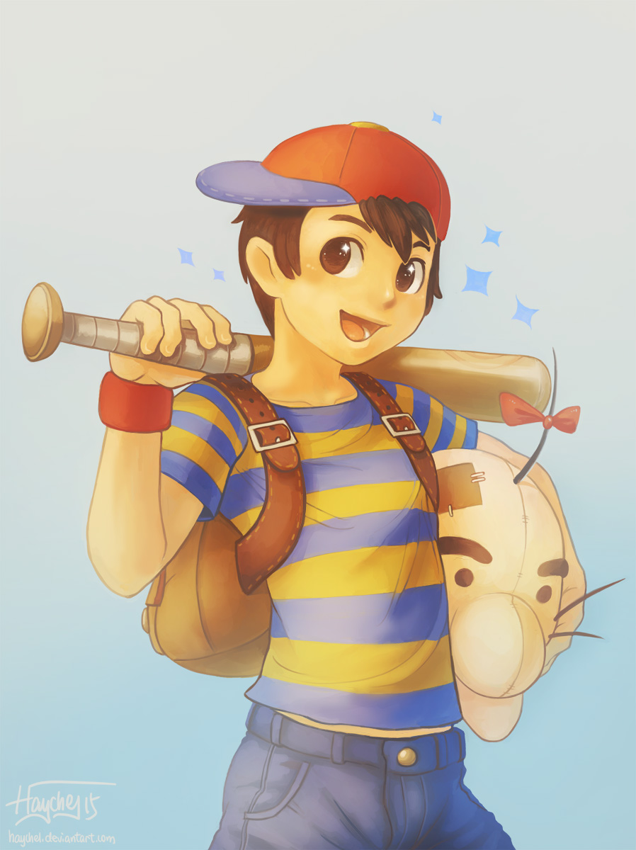 1boy baseball_bat baseball_cap black_hair blue_eyes doseisan hat haychel highres looking_at_viewer male_focus mother_(game) mother_2 ness shirt smile solo striped striped_shirt