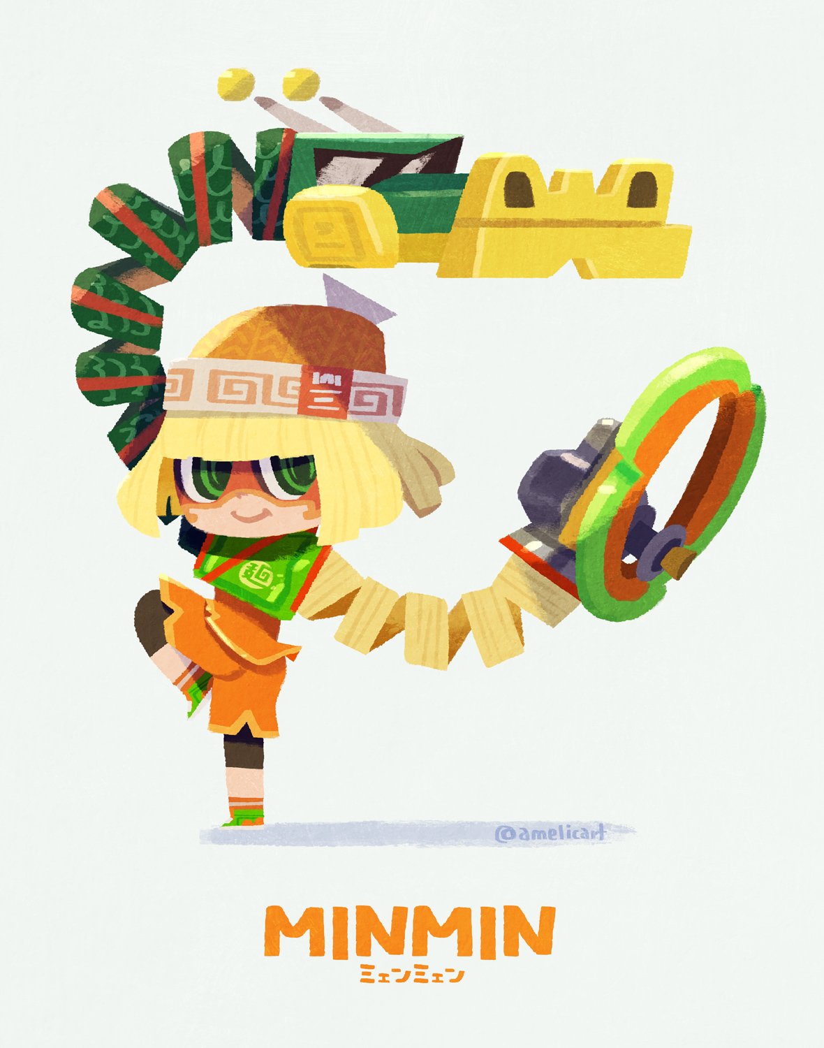 1girl arms arms_(game) artist_name bangs blonde_hair character_name chibi chinese_clothes full_body green_eyes hat highres min_min_(arms) short_hair simple_background smile solo twitter_username