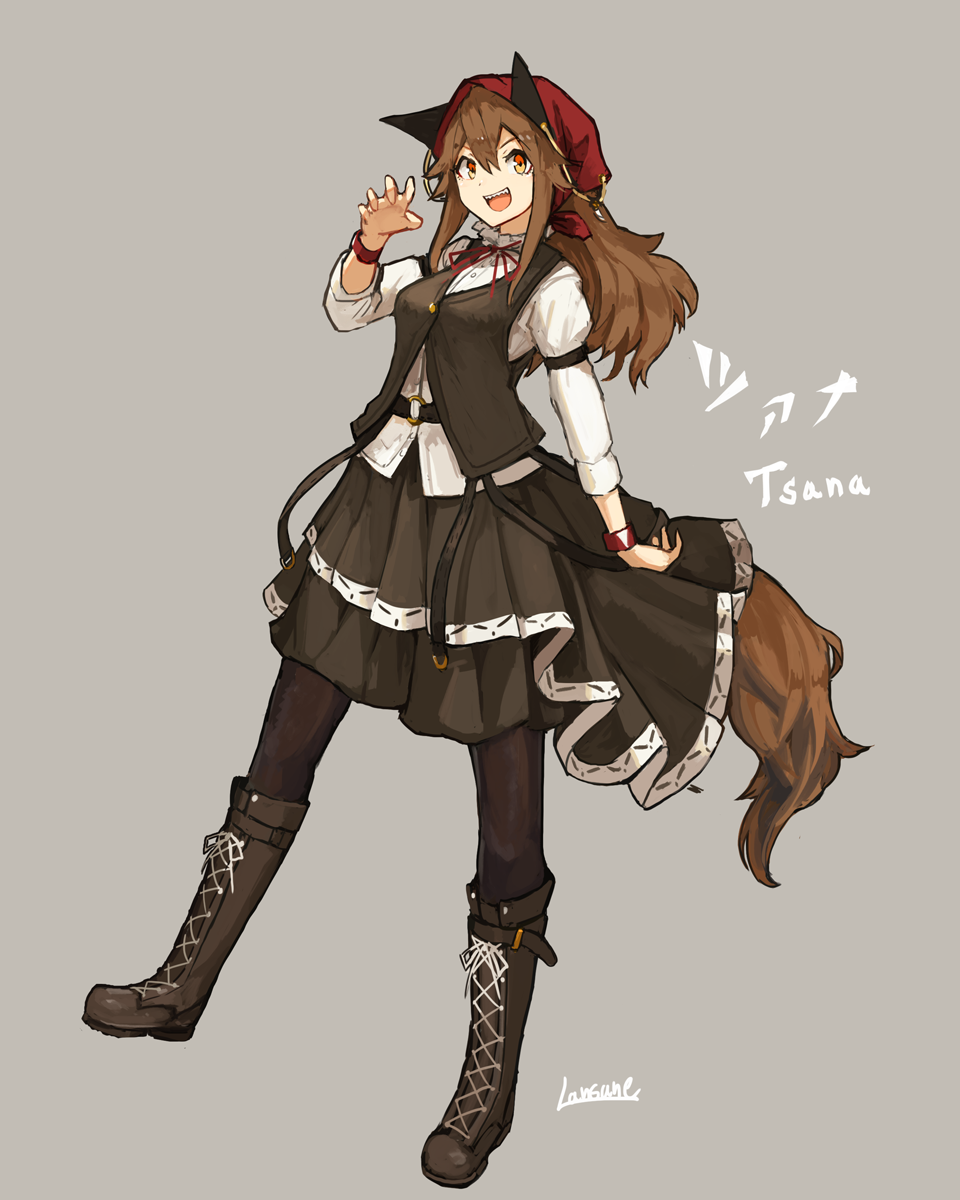 1girl animal_ears artist_name beige_background blouse boots brown_hair commentary_request highres kerchief lansane long_hair long_sleeves o-ring_belt one_eye_closed open_mouth orange_eyes original pantyhose sharp_teeth sidelocks skirt smile solo tachi-e tail teeth tsana_(lansane) vest white_blouse wolf_ears wolf_tail wristband