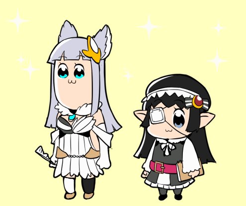 2girls :3 animal_ears chibi dress elbow_gloves erun_(granblue_fantasy) eyepatch gloves granblue_fantasy harbin korwa lowres lunaru_(granblue_fantasy) mikan-uji multiple_girls parody pointy_ears poptepipic skirt style_parody