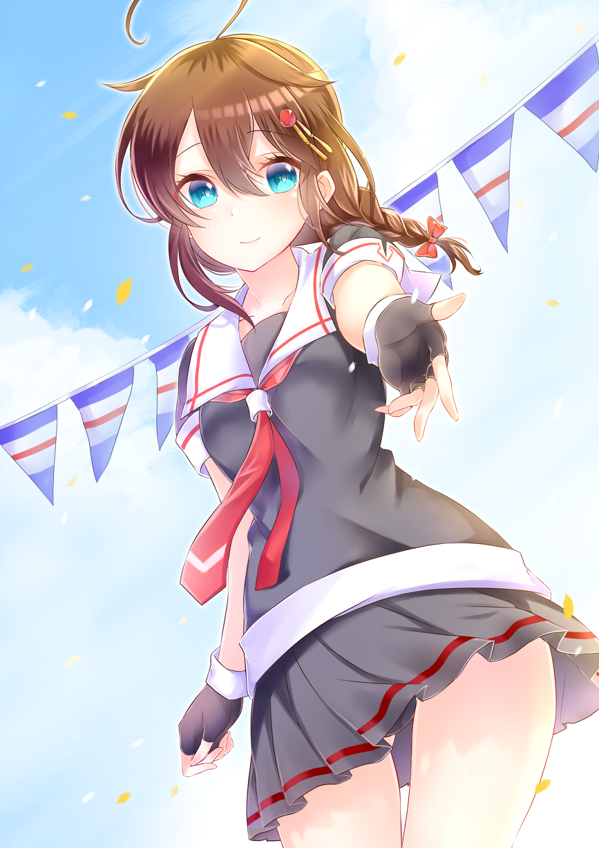 1girl ahoge black_panties blue_eyes brown_hair fingerless_gloves flag gloves highres kantai_collection looking_at_viewer mashiro_aa panties pantyshot pantyshot_(standing) pleated_skirt school_uniform serafuku shigure_(kantai_collection) skirt sky smile standing string_of_flags underwear