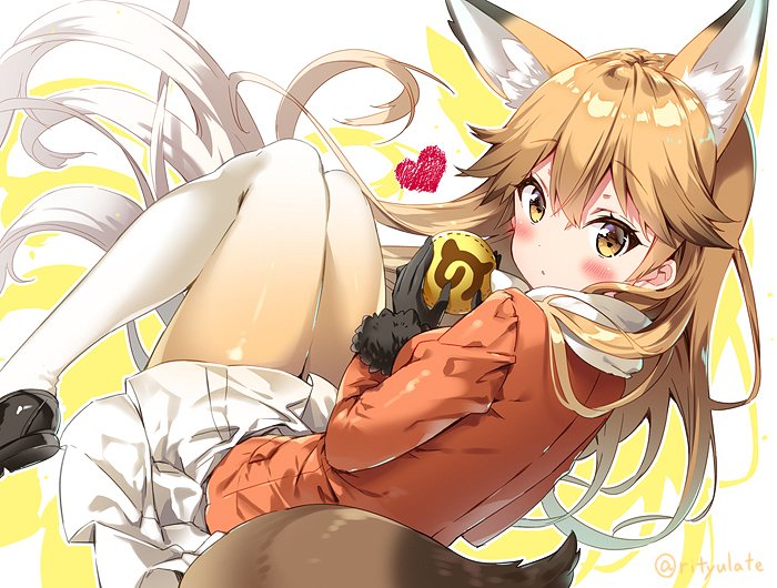 1girl animal_ears black_gloves blonde_hair blush extra_ears eyebrows_visible_through_hair ezo_red_fox_(kemono_friends) fox_ears fox_tail gloves gradient_hair hair_between_eyes heart holding jacket japari_bun japari_symbol kemono_friends long_hair long_sleeves looking_at_viewer looking_back miniskirt multicolored_hair orange_jacket pantyhose riichu skirt solo tail twitter_username two-tone_hair very_long_hair white_hair white_skirt yellow_eyes