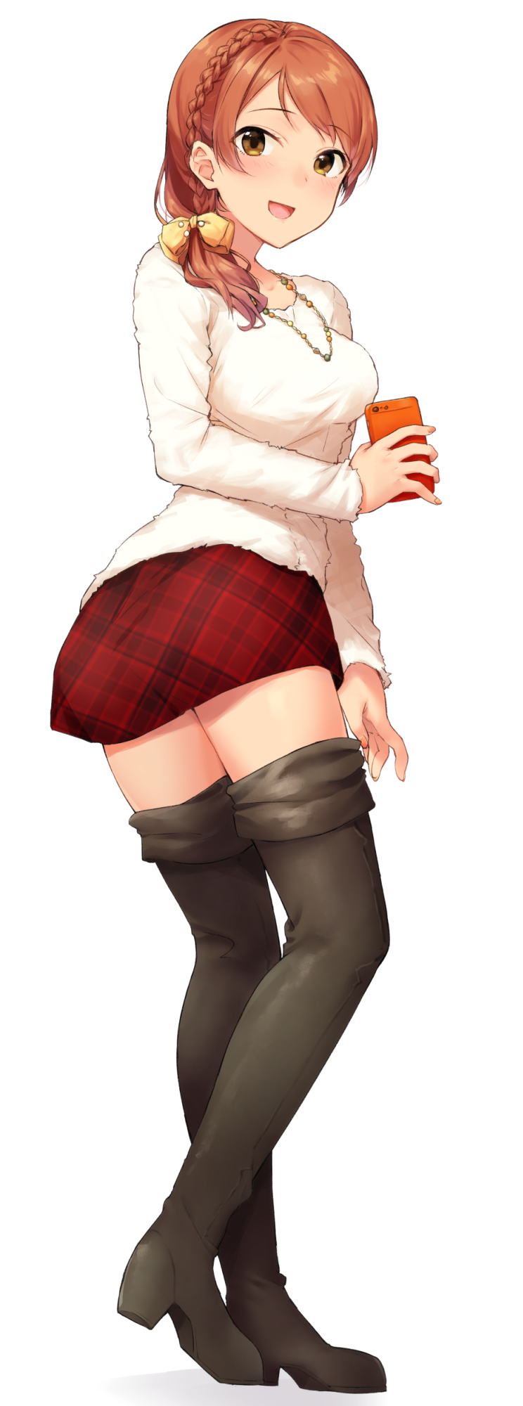 1girl black_legwear blush boots braid breasts brown_eyes brown_hair bvucki36gzoeq1c cellphone full_body hair_over_shoulder highres houjou_karen idolmaster idolmaster_cinderella_girls long_hair looking_at_viewer looking_back medium_breasts open_mouth phone plaid plaid_skirt side_braid simple_background sketch skirt smartphone smile solo standing thigh-highs thigh_boots white_background