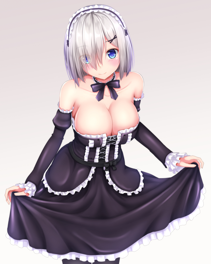 1girl bare_shoulders black_legwear blue_eyes bow bowtie breasts corset detached_collar detached_sleeves gothic_lolita hair_ornament hair_over_one_eye hairband hairclip hamakaze_(kantai_collection) kantai_collection large_breasts lolita_fashion lolita_hairband looking_at_viewer short_hair silver_hair solo tapisuke