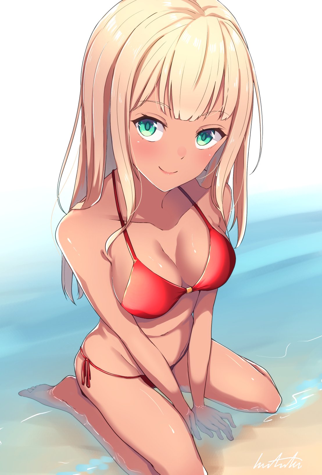 1girl alessandra_susu beach bikini blonde_hair breasts cleavage collarbone foreshortening from_above green_eyes highres long_hair looking_at_viewer medium_breasts mitsukichi navel partially_submerged red_bikini side-tie_bikini sitting smile solo swimsuit tokyo_7th_sisters wariza