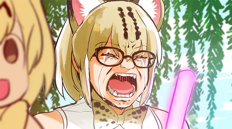 2girls :d animal_ears bangs bare_shoulders blonde_hair bow bowtie brown_eyes cat_ears closed_eyes commentary_request crying eyebrows_visible_through_hair fangs glasses glowstick kashi-k kemono_friends margay_(kemono_friends) multicolored_hair multiple_girls oota_kuniyoshi open_mouth parody serval_(kemono_friends) short_hair shouting smile style_parody wake_up_girls!
