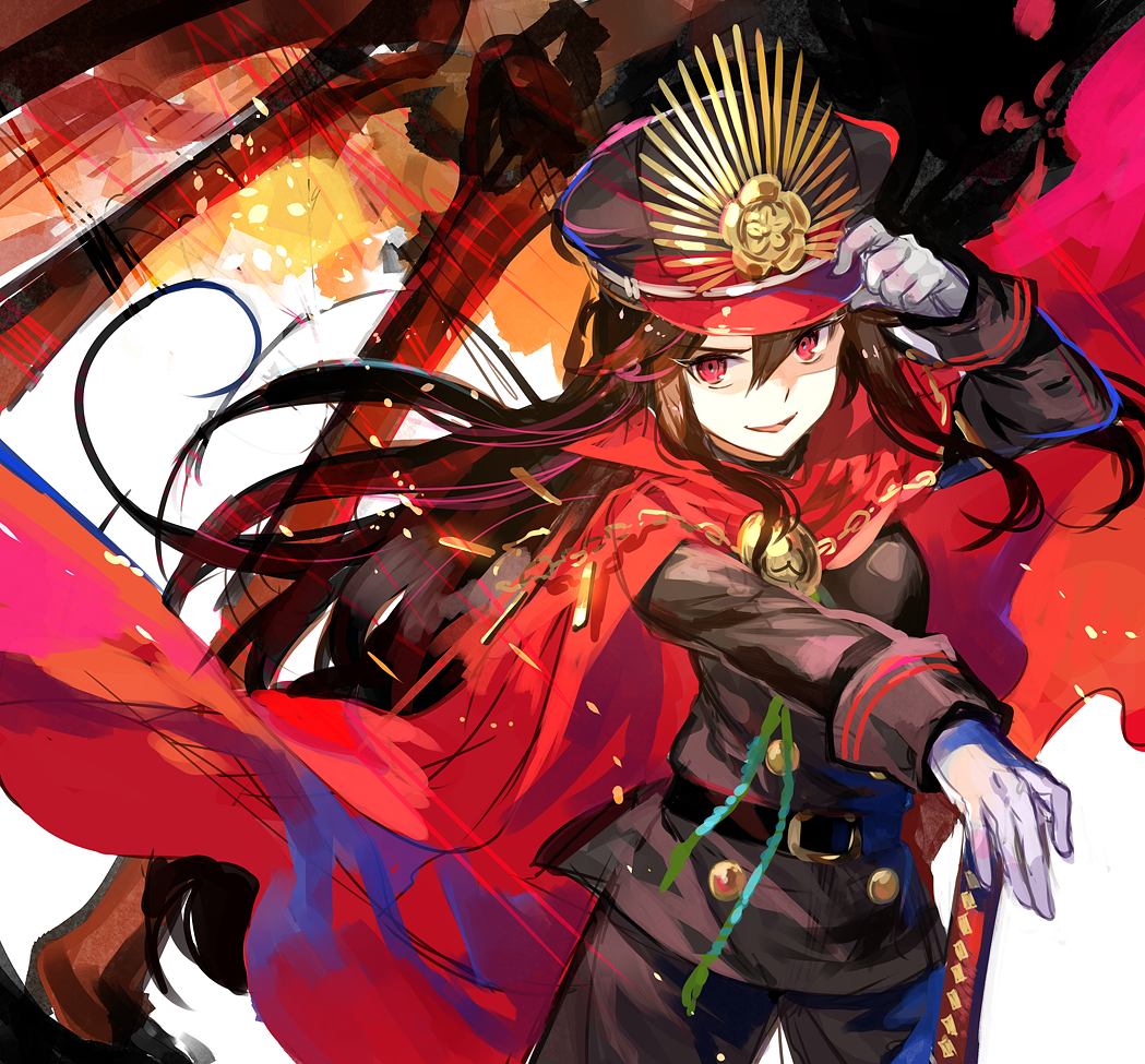 1girl adjusting_clothes adjusting_hat black_hair black_hat cape demon_archer eyebrows_visible_through_hair fate/grand_order fate_(series) fuji_choko gloves green_ribbon hat koha-ace long_hair long_sleeves looking_at_viewer open_mouth red_cape red_eyes ribbon smile solo white_gloves