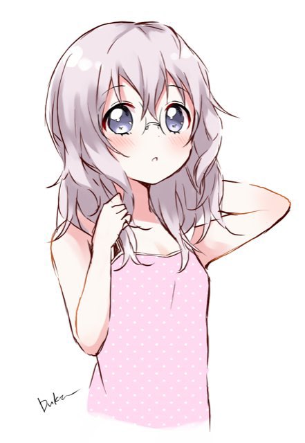 1girl alternate_hair_length alternate_hairstyle arm_behind_head bangs bare_shoulders blue_eyes blush camisole casual collarbone commentary_request cropped_torso eyebrows_visible_through_hair glasses hair_between_eyes hands_up ikeda_chitose light_purple_hair long_hair looking_at_viewer pink_camisole polka_dot polka_dot_camisole simple_background sketch solo upper_body usagi_koushaku white_background yuru_yuri