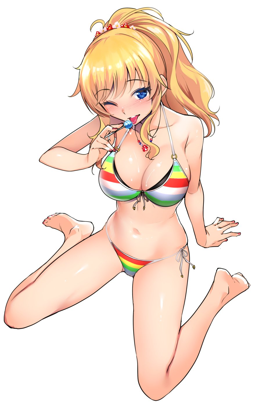 ;p arm_support bare_legs barefoot bikini blonde_hair blue_hair blush breasts candy cleavage food front-tie_bikini front-tie_top full_body hair_ornament highres idolmaster idolmaster_cinderella_girls jewelry large_breasts layered_bikini lollipop long_hair multicolored multicolored_stripes nail_polish navel necklace o-ring_top one_eye_closed ootsuki_yui ponytail saliva shiny shiny_skin side-tie_bikini simple_background sitting skindentation striped striped_bikini swimsuit toenail_polish tomohiro_kai tongue tongue_out wariza white_background