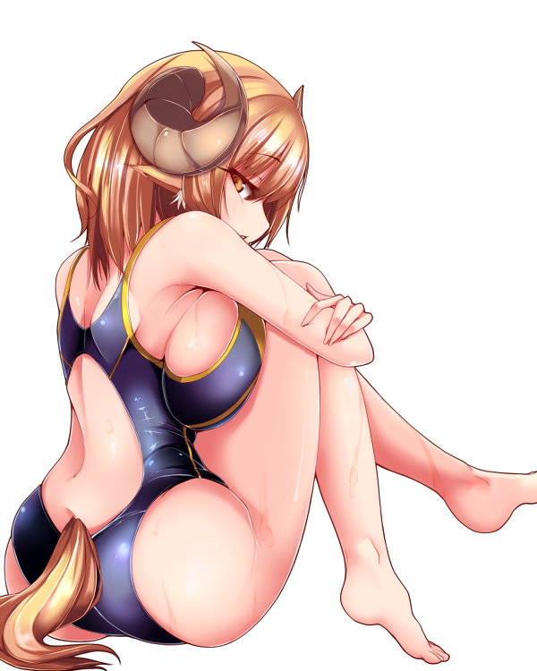 1girl animal_ears armpits bangs bare_arms bare_legs bare_shoulders barefoot blonde_hair breasts competition_swimsuit from_side horns large_breasts leg_hug looking_at_viewer looking_to_the_side nana_(mogs1225) one-piece_swimsuit original parted_lips profile sheep_ears sheep_horns sheep_tail sideboob sitting solo swimsuit yellow_eyes