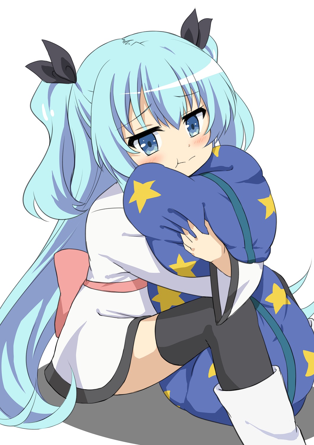 1girl bassa black_bow black_legwear blue_eyes blue_hair blush bow eyebrows_visible_through_hair hair_bow highres long_hair long_sleeves looking_at_viewer noel_(sora_no_method) pillow pillow_hug pink_bow pouty_lips solo sora_no_method star_pillow thigh-highs twintails