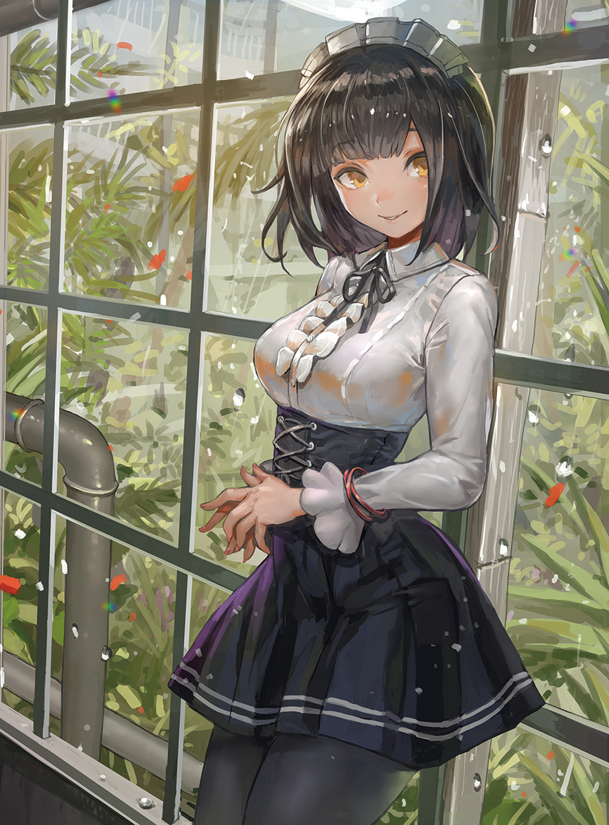 1girl against_window bangs black_hair black_legwear black_ribbon black_skirt blunt_bangs breasts buttons center_frills clouds cloudy_sky collared_shirt cowboy_shot danann day eyebrows eyebrows_visible_through_hair frills high-waist_skirt highres indoors long_sleeves looking_at_viewer maid_headdress medium_breasts meme_attire original pantyhose parted_lips petals pipes rain revision ribbon shirt short_hair skirt sky solo standing virgin_killer_outfit water window wing_collar yellow_eyes