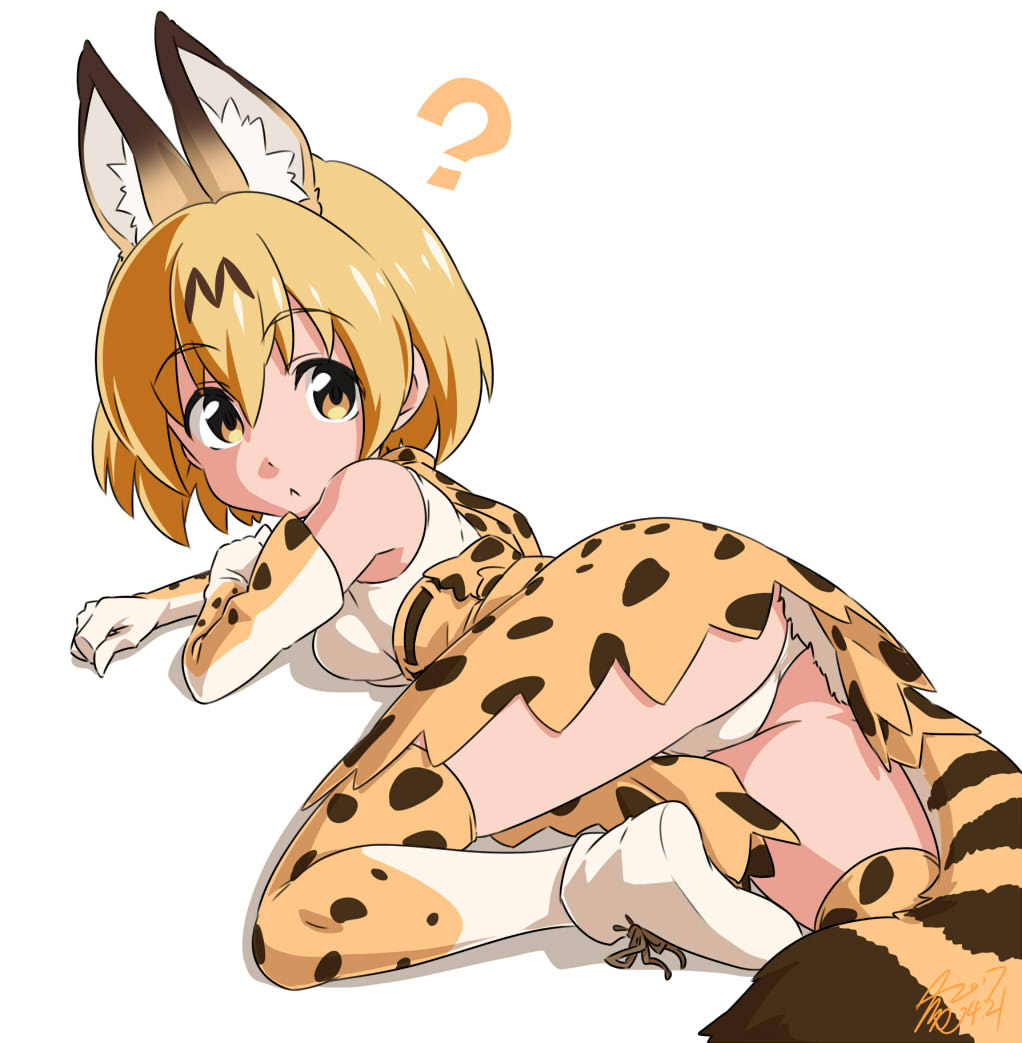 1girl animal_ears ass bare_shoulders detached_sleeves elbow_gloves extra_ears from_behind gloves high-waist_skirt kemono_friends looking_at_viewer lying on_stomach panties serval_(kemono_friends) serval_ears serval_print serval_tail shirt skirt sleeveless sleeveless_shirt striped_tail tail takeya_yuuki thighs underwear white_panties