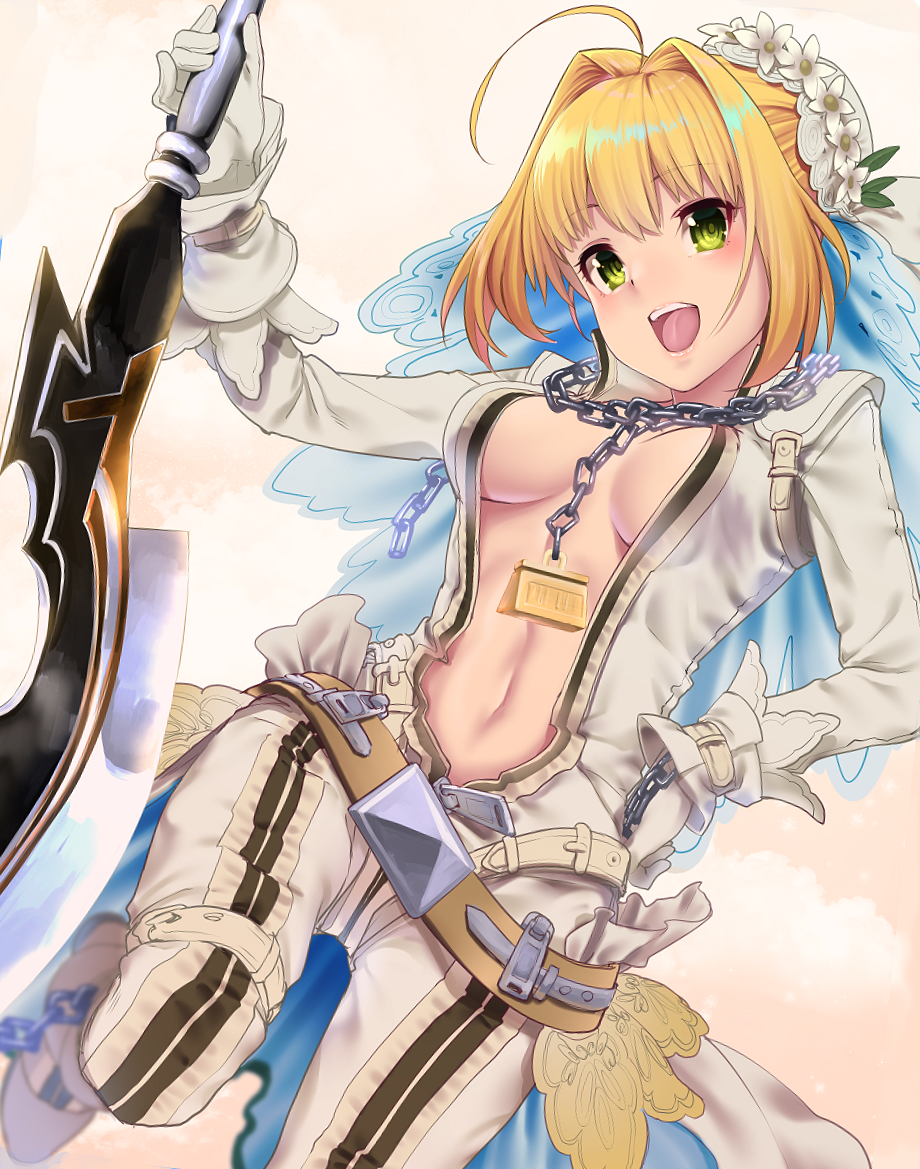 1girl aestus_estus ahoge belt blonde_hair bodysuit breasts breasts_apart center_opening chains dutch_angle fate/extra fate/extra_ccc fate_(series) flower gloves green_eyes hisayaki_kyuu holding holding_sword holding_weapon lock looking_at_viewer medium_breasts navel padlock saber_bride saber_extra shiny shiny_hair smile solo sword teeth unzipped veil weapon white_bodysuit zipper