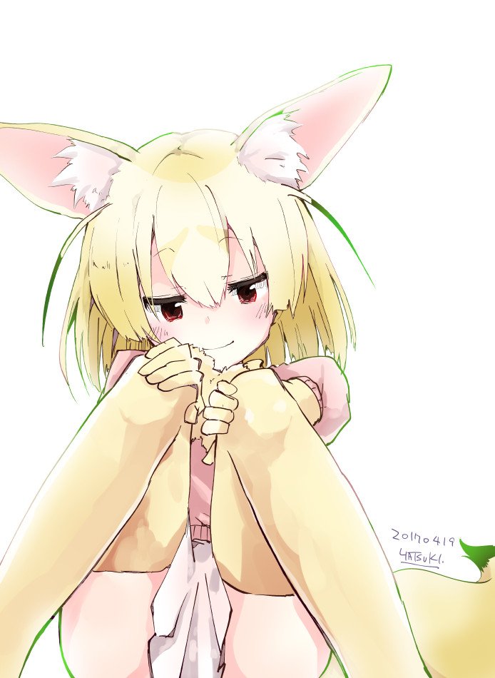 1girl animal_ears blonde_hair blush brown_eyes dated fennec_(kemono_friends) fox_ears fox_tail half-closed_eyes kemono_friends kuroneko_no_toorimichi looking_at_viewer pleated_skirt puffy_short_sleeves puffy_sleeves short_sleeves simple_background sitting skirt smile solo solo_focus sweater_vest tail thigh-highs white_background white_skirt zettai_ryouiki