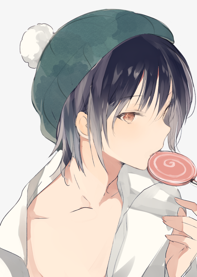 1boy androgynous bangs beanie black_hair brown_eyes candy collarbone dress_shirt eyebrows_visible_through_hair food food_in_mouth from_side grey_background hat lollipop looking_to_the_side lpip male_focus mouth_hold open_clothes open_shirt original parted_lips shirt sidelocks simple_background solo