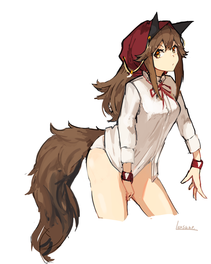 1girl animal_ears artist_name between_legs blouse breasts brown_hair cropped_legs hand_between_legs kerchief lansane leaning_forward long_hair looking_at_viewer medium_breasts neck_ribbon no_pants orange_eyes original panties ribbon shirt sidelocks simple_background solo tail thighs tsana_(lansane) underwear white_background white_blouse white_panties wolf_ears wolf_tail wristband