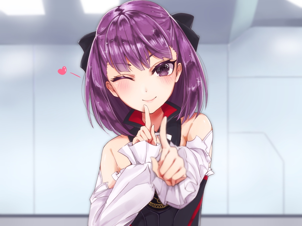 1girl bare_shoulders blush bow detached_sleeves fate/grand_order fate_(series) flat_chest hair_bow heart helena_blavatsky_(fate/grand_order) index_finger_raised ka_(mauve_p) koi_dance long_hair looking_at_viewer one_eye_closed purple_hair short_hair smile solo strapless tree_of_life violet_eyes