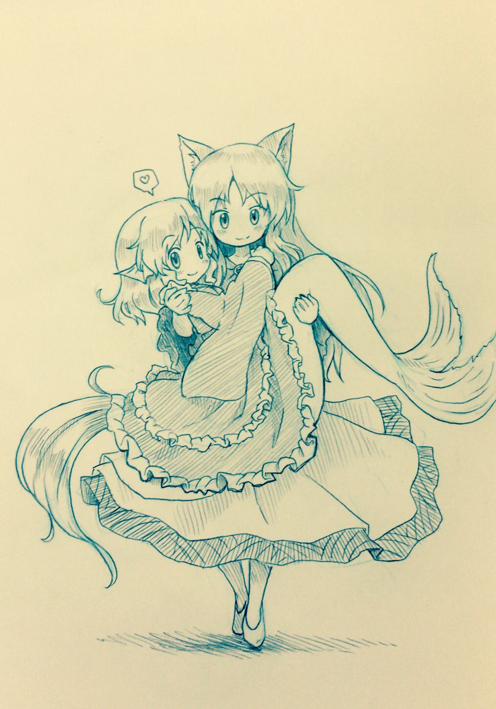 2girls animal_ears arinu carrying carrying_under_arm commentary fish_tail head_fins highres imaizumi_kagerou long_hair mermaid monster_girl multiple_girls obi princess_carry sash short_hair smile tail touhou wakasagihime wolf_ears wolf_tail