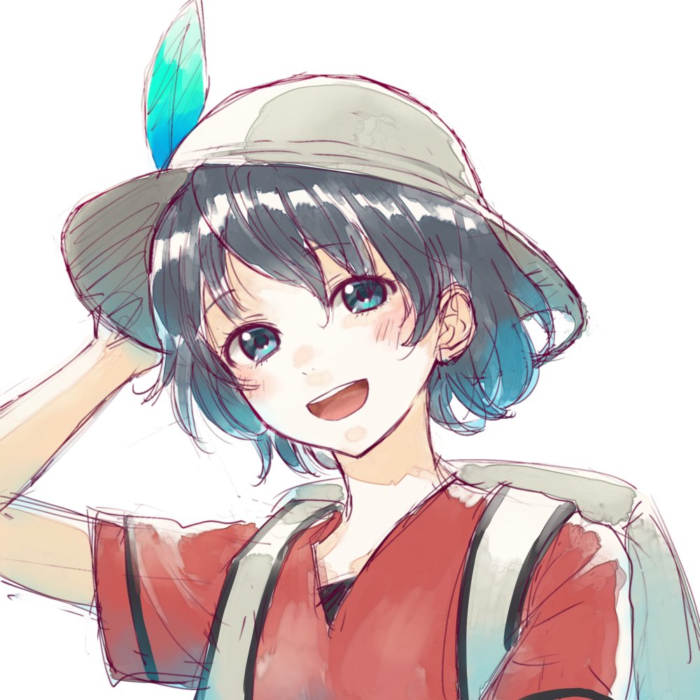 1girl :d backpack bag black_hair blue_eyes blush bucket_hat commentary eyebrows_visible_through_hair eyelashes hair_between_eyes hand_on_headwear hat hat_feather head_tilt inumoto kaban_(kemono_friends) kemono_friends looking_at_viewer no_gloves nostrils open_mouth red_shirt shiny shiny_hair shirt short_hair short_sleeves simple_background sketch smile solo tareme teeth upper_body upper_teeth white_background
