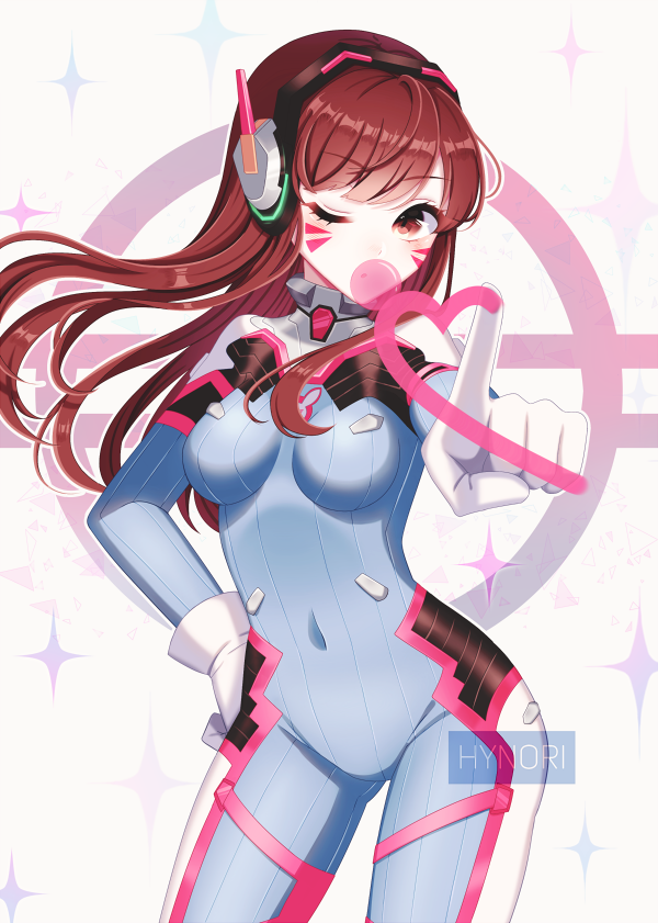 1girl animal_print artist_name bangs bodysuit breasts brown_eyes brown_hair bubble_blowing bunny_print chewing_gum contrapposto covered_navel d.va_(overwatch) eyebrows_visible_through_hair facepaint facial_mark finger_painting gloves hand_on_hip headphones high_collar hynoristarlest impossible_bodysuit impossible_clothes long_hair looking_at_viewer medium_breasts overwatch pilot_suit pointing pointing_at_viewer ribbed_bodysuit shoulder_pads signature skin_tight solo sparkle swept_bangs whisker_markings white_background white_gloves