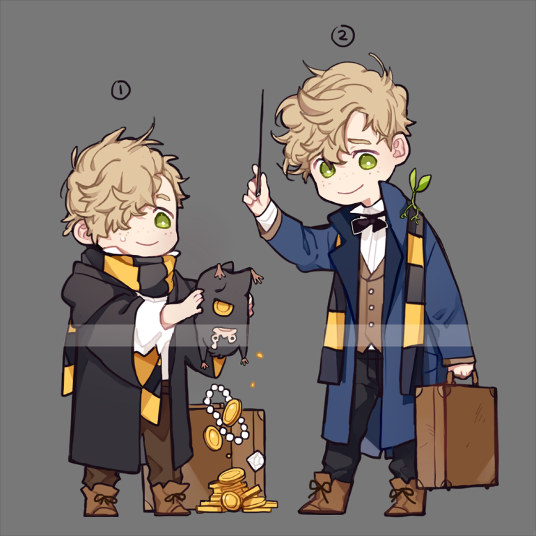 2boys age_comparison blonde_hair bowtruckle briefcase coin fantastic_beasts_and_where_to_find_them freckles full_body gem green_eyes grey_background hair_over_one_eye hogwarts_uniform jewelry multiple_boys necklace newt_scamander niffler pearl_necklace scarf school_uniform simple_background sonnet_form wand younger