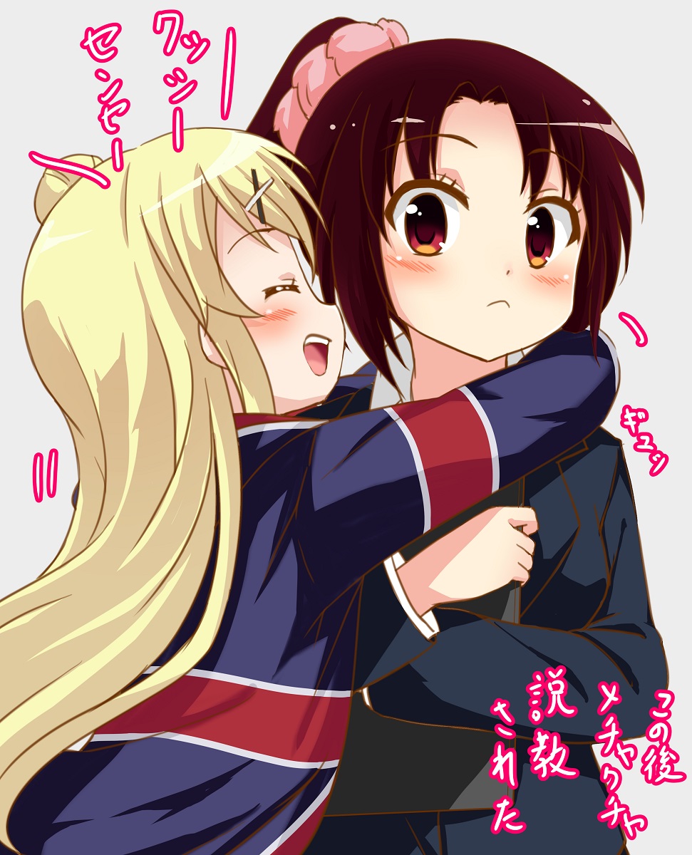 2girls :&lt; bag bassa black_hair blonde_hair blush closed_eyes commentary eyebrows_visible_through_hair hair_bun hair_ornament hair_scrunchie handbag highres hug kin-iro_mosaic kujou_karen kuzehashi_akari long_hair long_sleeves looking_at_another multiple_girls open_mouth orange_eyes pink_scrunchie ponytail scrunchie smile teeth text translation_request x_hair_ornament