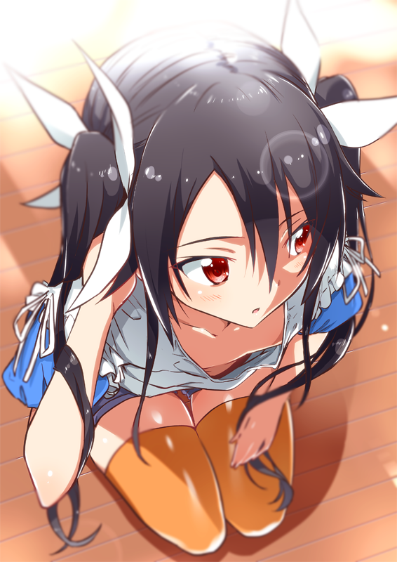1girl black_hair downblouse extended_downblouse flat_chest from_above kneeling long_hair looking_to_the_side no_bra orange_legwear ore_twintail_ni_narimasu red_eyes shirt shorts solo thigh-highs tsube_aika twintails white_shirt yuto_(dialique)