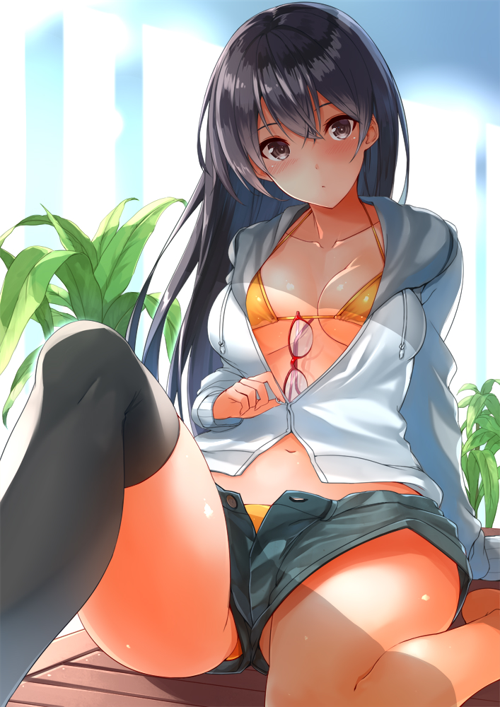 1girl agarwood bikini black_eyes black_hair black_legwear blush breasts cleavage collarbone glasses glasses_removed hood hoodie long_hair looking_at_viewer medium_breasts navel open_clothes original plant short_shorts shorts single_thighhigh sitting solo swimsuit swimsuit_under_clothes thigh-highs yellow_bikini