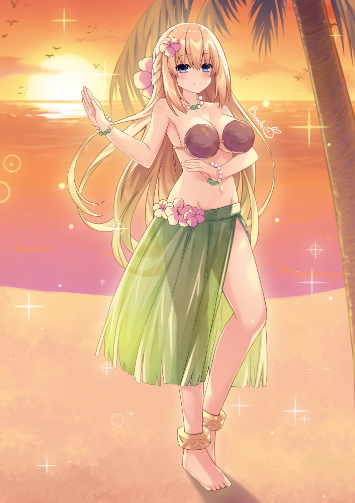 1girl alternate_costume anklet armband artist_name bare_arms bare_shoulders beach binato_lulu bird blonde_hair blue_eyes blush braid breasts clouds cloudy_sky coconut_bra collarbone commentary_request dusk eyebrows_visible_through_hair floating_hair flower french_braid hair_between_eyes hair_flower hair_ornament jewelry knee_up large_breasts long_hair looking_at_viewer navel necklace neptune_(series) ocean outstretched_arm palm_tree sarong see-through sky smile solo sparkle sun tree vert