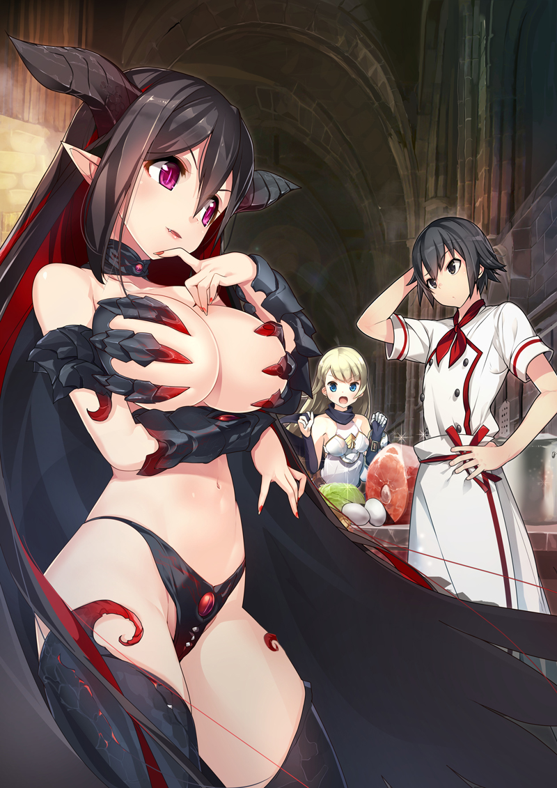 &gt;:) 1boy 2girls armor bare_shoulders bikini bikini_armor black_bikini black_hair black_legwear blush breasts bridal_gauntlets cabbage cape chef chef_uniform cleavage collarbone cowboy_shot demon_girl demon_horns egg fang food green_eyes hair_between_eyes highleg highleg_bikini horns indoors large_breasts long_hair looking_at_another maoujou_no_chef meat multiple_girls nail_polish navel official_art open_mouth parted_lips pointy_ears red_nails revealing_clothes short_sleeves silver_hair swimsuit thigh-highs vambraces violet_eyes yam2344