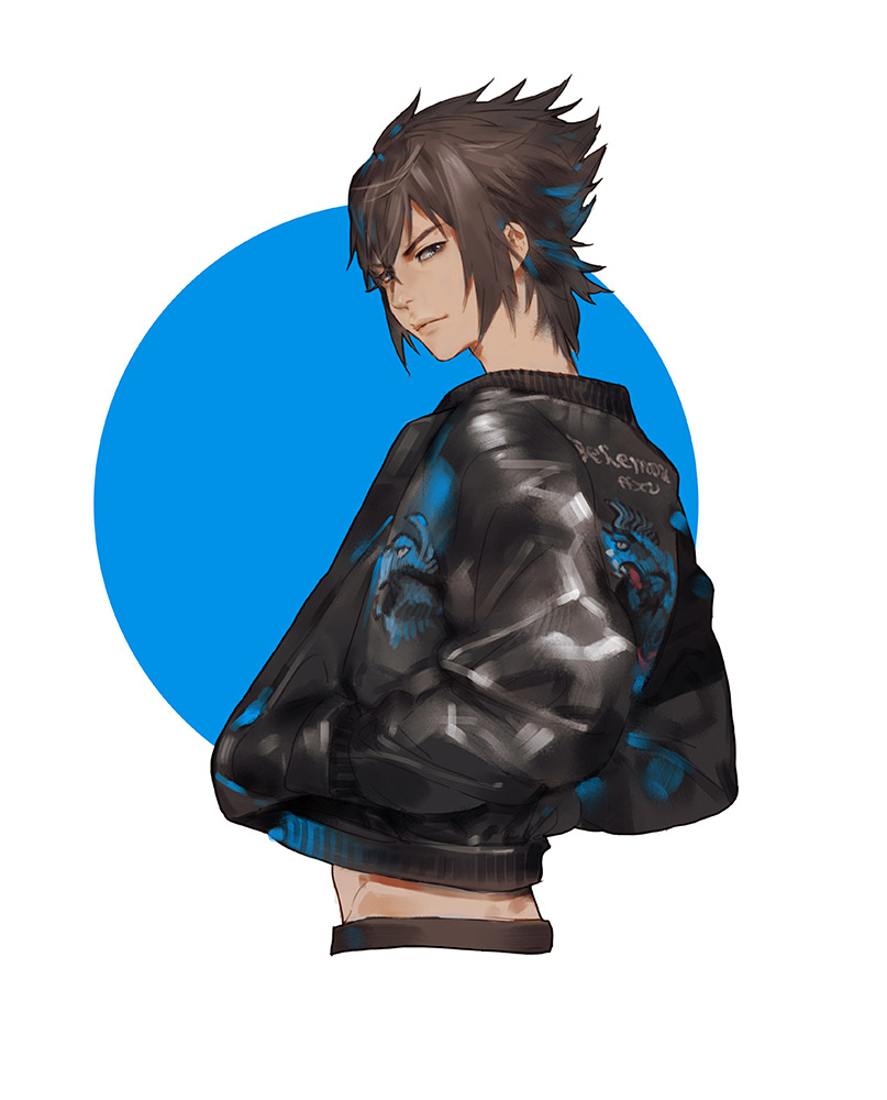 111111111_(leiyao) 1boy black_hair blue_background blue_eyes final_fantasy final_fantasy_xv from_behind hands_in_pockets jacket leather leather_jacket male_focus midriff noctis_lucis_caelum solo