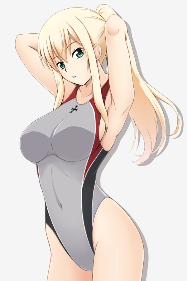 1girl alternate_hairstyle armpits arms_behind_head bismarck_(kantai_collection) blonde_hair blue_eyes breasts competition_swimsuit covered_navel fuuma_nagi grey_background grey_swimsuit iron_cross kantai_collection large_breasts long_hair looking_at_viewer one-piece_swimsuit ponytail shadow solo swimsuit tying_hair