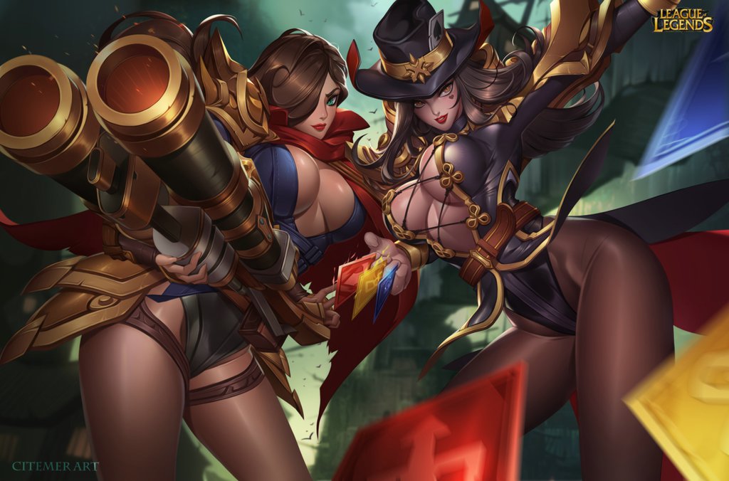 2girls breasts brown_hair card center_opening citemer cleavage genderswap genderswap_(mtf) hat heart large_breasts league_of_legends leotard lips lipstick long_hair looking_at_viewer makeup malcolm_graves multiple_girls pantyhose parted_lips playing_card twisted_fate weapon