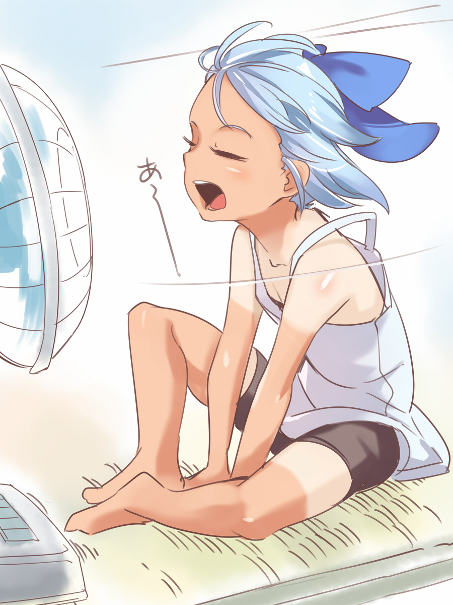 1girl alternate_costume asu_tora bare_shoulders between_legs bike_shorts blue_bow blue_eyes bow casual child cirno closed_eyes electric_fan fan_speaking forehead full_body hair_bow hand_between_legs hidden_star_in_four_seasons highres on_floor open_mouth shirt_tan short_hair shorts_tan sitting solo tan tank_top tanline tatami touhou