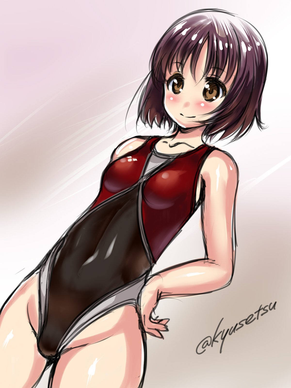 1girl alina_(girls_und_panzer) arena_(company) bangs brown_eyes brown_hair covered_navel cowboy_shot dutch_angle girls_und_panzer groin habutae_kyusetsu highres short_hair smile solo standing twitter_username