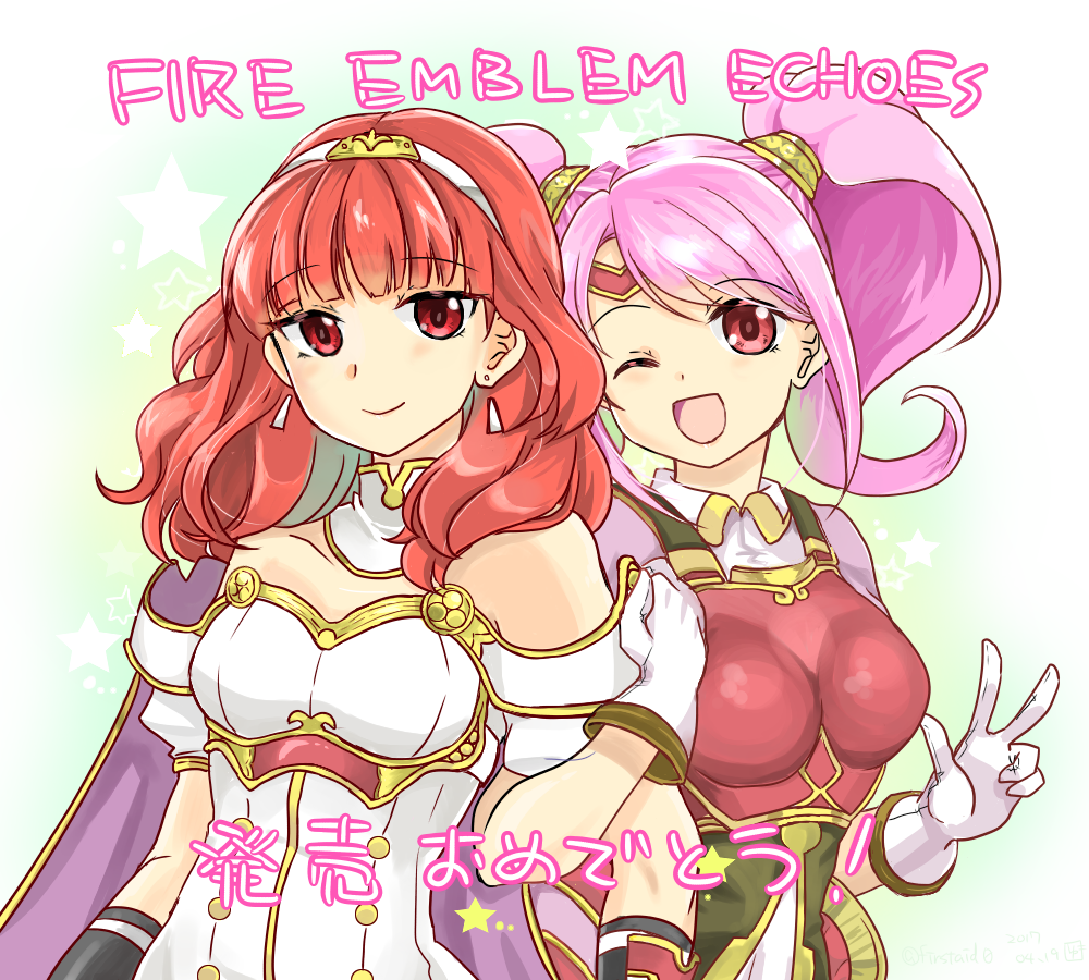 2girls ;d arm_grab armor cape celica_(fire_emblem) copyright_name earrings fire_emblem fire_emblem_echoes:_mou_hitori_no_eiyuuou gloves jewelry long_hair mae_(fire_emblem) multiple_girls one-piece_swimsuit one_eye_closed open_mouth pink_eyes pink_hair red_eyes redhead smile strapless swimsuit tiara twintails upper_body v white_gloves yukia_(firstaid0)