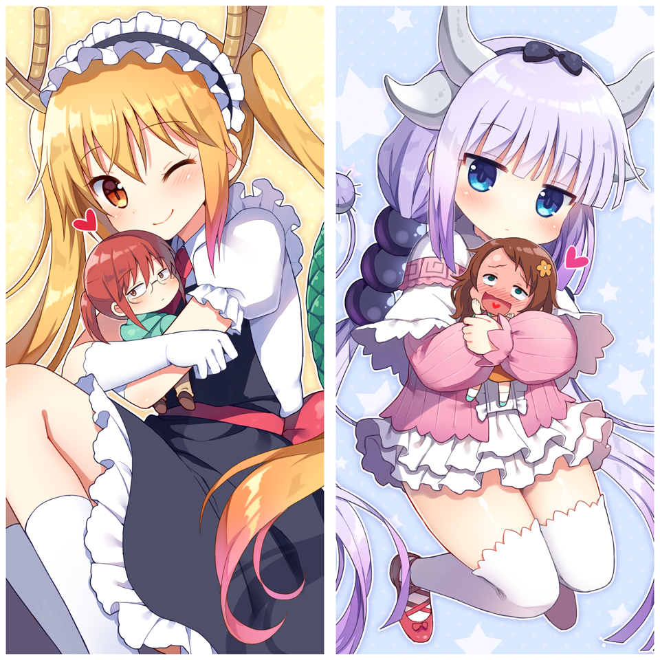 animal_ears bangs black_bow blonde_hair blue_eyes blush bow character_doll closed_mouth dragon_girl dragon_horns dragon_tail dress gloves hair_ornament heart hime_cut horns hug kanna_kamui kneehighs kobayashi-san_chi_no_maidragon kobayashi_(maidragon) long_hair long_sleeves maid mauve one_eye_closed purple_hair red_shoes saikawa_riko short_sleeves socks tail thigh-highs tooru_(maidragon) twintails white_gloves white_legwear wink