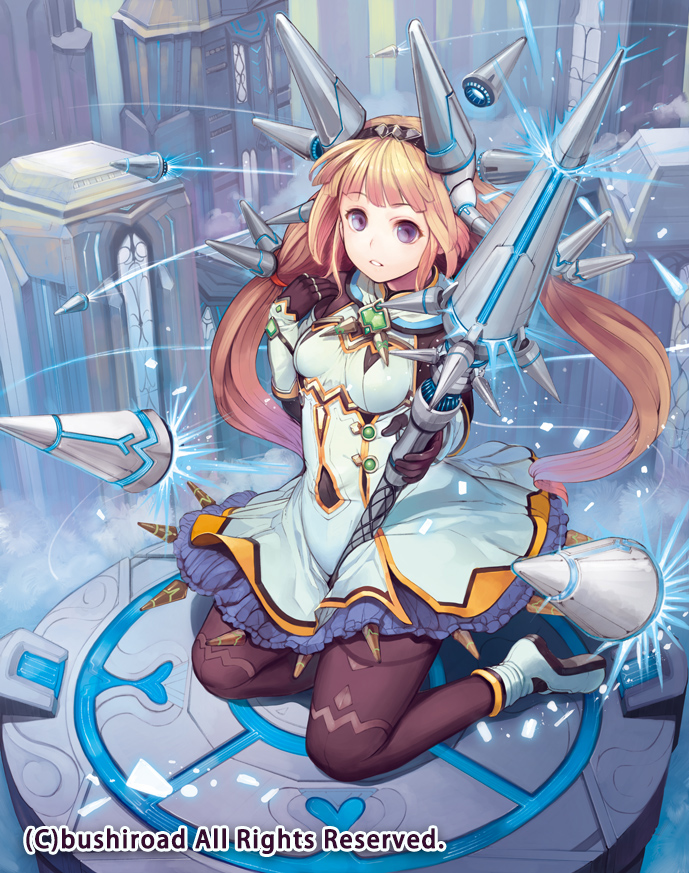 1girl blonde_hair boots building cardfight!!_vanguard company_name cone_magus full_body gloves hairband long_hair low_twintails official_art pantyhose polearm saitou_takeo sitting solo spear teeth twintails violet_eyes weapon