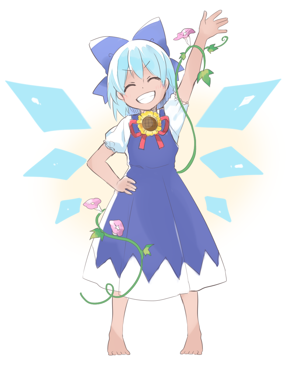 1girl ^_^ akagashi_hagane barefoot blue_bow blue_dress blue_hair bow cirno closed_eyes dress flower full_body grin hair_bow hand_on_hip head_tilt hidden_star_in_four_seasons highres ice ice_wings morning_glory plant short_hair short_sleeves smile solo standing sunflower tan teeth touhou vines waving wings