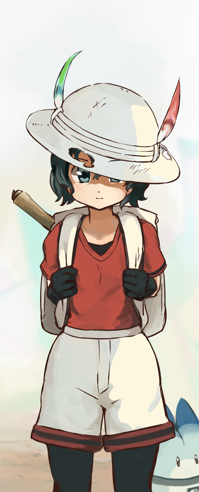 1girl backpack bag black_gloves black_hair blue_eyes bucket_hat closed_mouth gloves hair_between_eyes hat hat_feather highres kaban_(kemono_friends) kemono_friends looking_at_viewer lucky_beast_(kemono_friends) morakkyo_(mephilas_g3) red_shirt shirt short_hair short_sleeves shorts solo standing v-neck wavy_hair