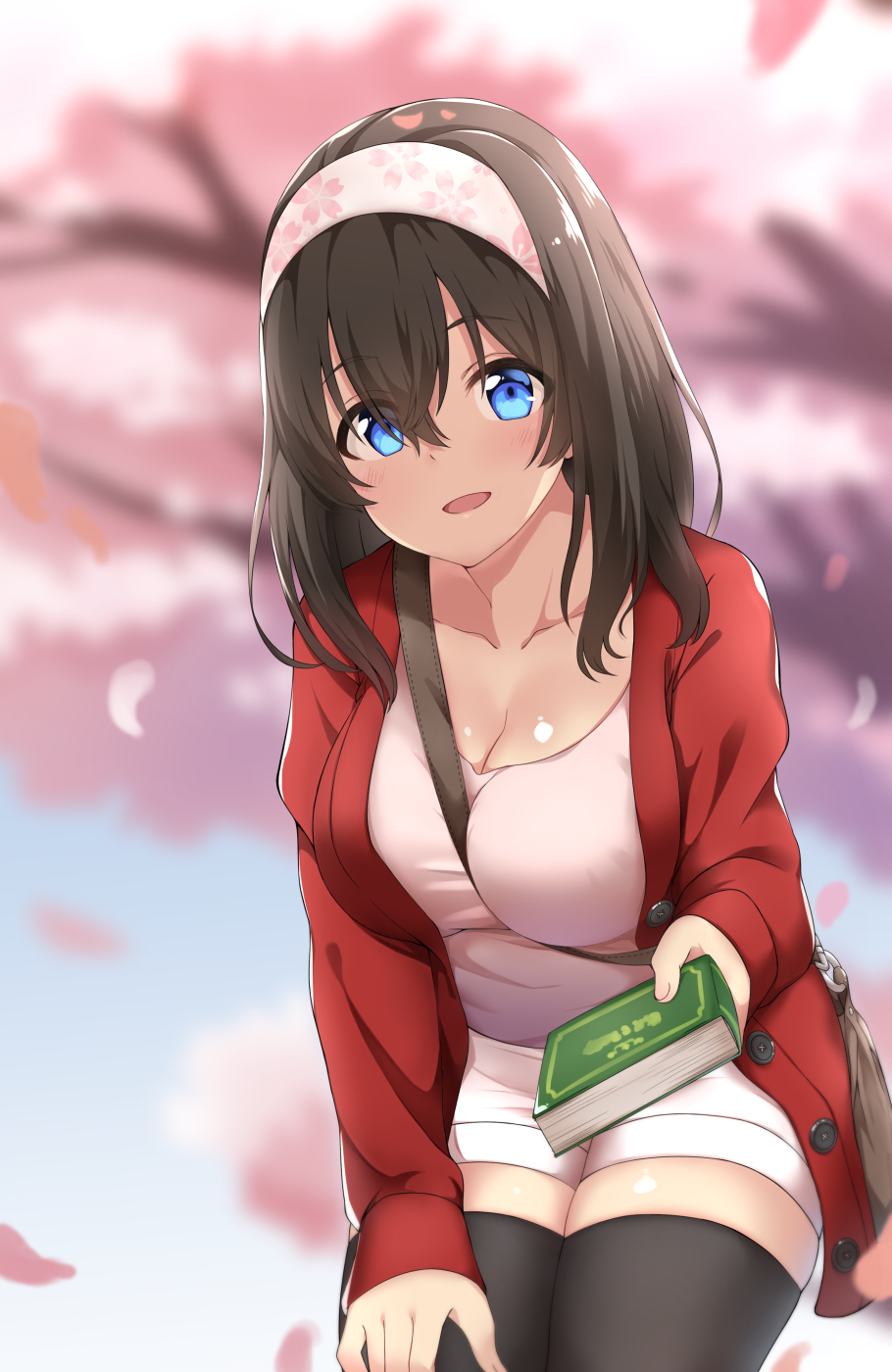 1girl bangs between_breasts black_hair black_legwear blue_eyes blurry blush book breasts cardigan cherry_blossoms cleavage collar cowboy_shot depth_of_field giving hair_between_eyes hairband highres holding holding_book idolmaster idolmaster_cinderella_girls large_breasts long_hair looking_at_viewer open_cardigan open_clothes parted_lips sagisawa_fumika shirt short_shorts shorts smile solo spicy_moo strap_cleavage thigh-highs white_shirt white_shorts zettai_ryouiki