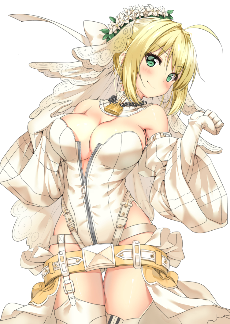 &gt;:) 1girl ahoge bare_shoulders belt blonde_hair body_mahattaya_ginga breasts chains cleavage closed_mouth commentary_request cowboy_shot detached_collar detached_sleeves eyebrows_visible_through_hair fate/extra fate/extra_ccc fate_(series) flower flower_wreath garter_straps gloves gluteal_fold green_eyes hair_intakes hands_up head_tilt head_wreath large_breasts leotard lock long_sleeves looking_at_viewer padlock saber_bride saber_extra shiny shiny_skin short_hair simple_background skindentation smile standing thigh-highs thigh_gap veil w_arms waist_cape white_background white_gloves white_legwear white_leotard wide_sleeves zipper