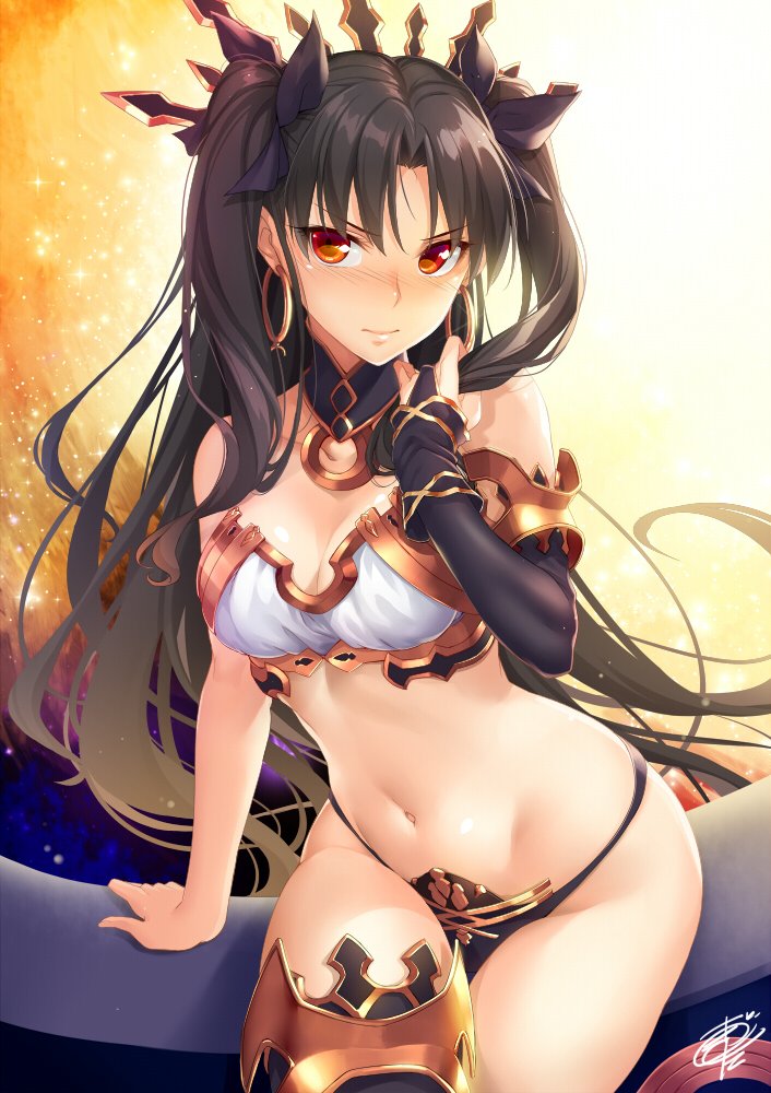 1girl artist_name asymmetrical_legwear asymmetrical_sleeves bare_shoulders black_gloves black_hair blush breasts cleavage closed_mouth crown earrings fate/grand_order fate_(series) gloves hair_ribbon hoop_earrings ishtar_(fate/grand_order) jewelry lips long_hair looking_at_viewer medium_breasts navel okitakung panties red_eyes ribbon single_thighhigh sitting solo thigh-highs thigh_gap tohsaka_rin toosaka_rin two_side_up underwear