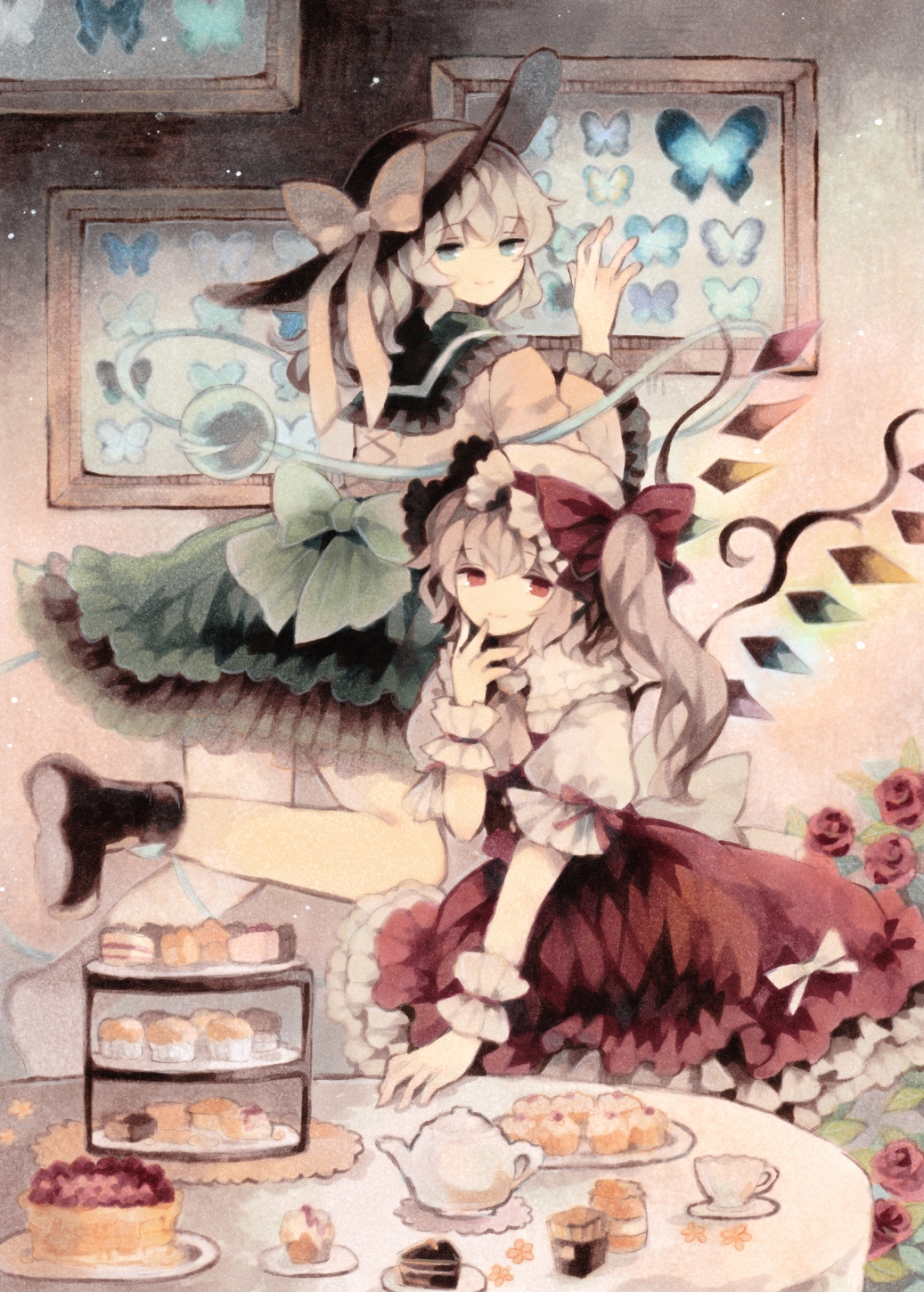 2girls bangs black_hat blue_eyes bow cake cake_stand closed_mouth colored_pencil_(medium) cup cupcake dress flandre_scarlet food frilled_sleeves frills green_bow green_skirt hat hat_bow highres komeiji_koishi layered_skirt long_hair long_sleeves looking_at_viewer mob_cap multiple_girls painting_(object) puffy_short_sleeves puffy_sleeves red_bow red_dress red_eyes shirt short_sleeves shortcake silver_hair skirt smile table tart_(food) teacup teapot touhou traditional_media wide_sleeves wiriam07 wrist_cuffs yellow_bow yellow_shirt
