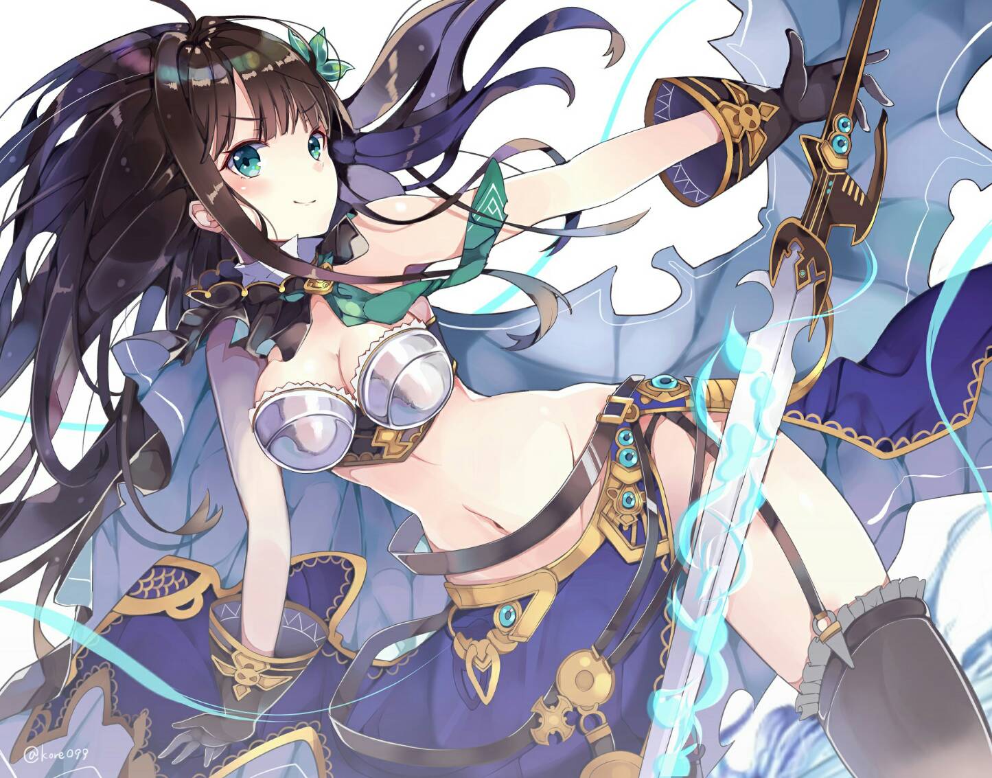 1girl bangs breastplate breasts brown_hair cape cleavage commentary_request cowboy_shot eyebrows_visible_through_hair fire flower gloves granblue_fantasy green_eyes groin hair_flower hair_ornament idolmaster idolmaster_cinderella_girls kyou_hotaru long_hair medium_breasts midriff navel necktie shibuya_rin smile solo sword thigh-highs twitter_username weapon