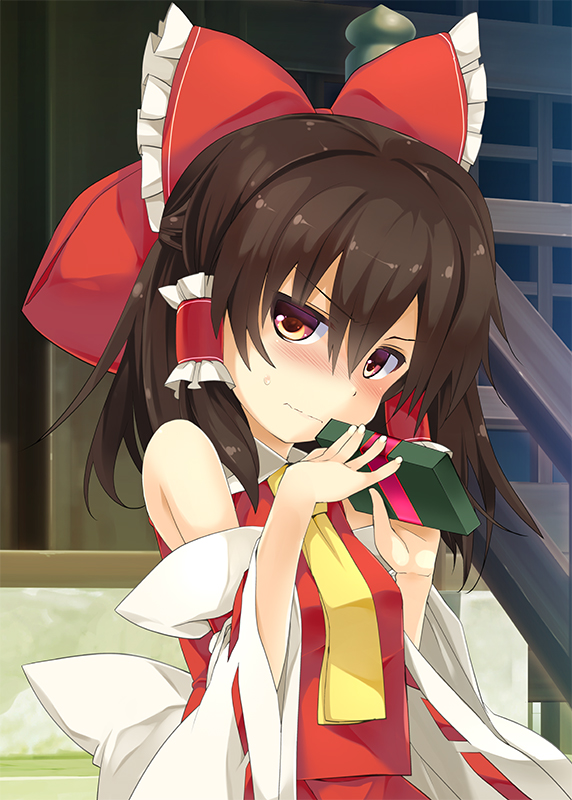 &gt;:| 1girl bare_shoulders blush bow box breasts brown_hair commentary_request detached_sleeves gift gift_box hair_bow hair_tubes hakurei_reimu half_updo large_bow looking_at_viewer medium_breasts necktie red_eyes short_hair shy solo sweat tororo touhou valentine vest
