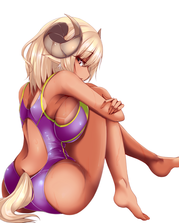 1girl animal_ears armpits bangs bare_arms bare_legs bare_shoulders barefoot blonde_hair breasts competition_swimsuit dark_skin from_side horns large_breasts leg_hug looking_at_viewer looking_to_the_side nana_(mogs1225) one-piece_swimsuit original parted_lips pink_eyes platinum_blonde profile sheep_ears sheep_horns sheep_tail sideboob sitting solo swimsuit