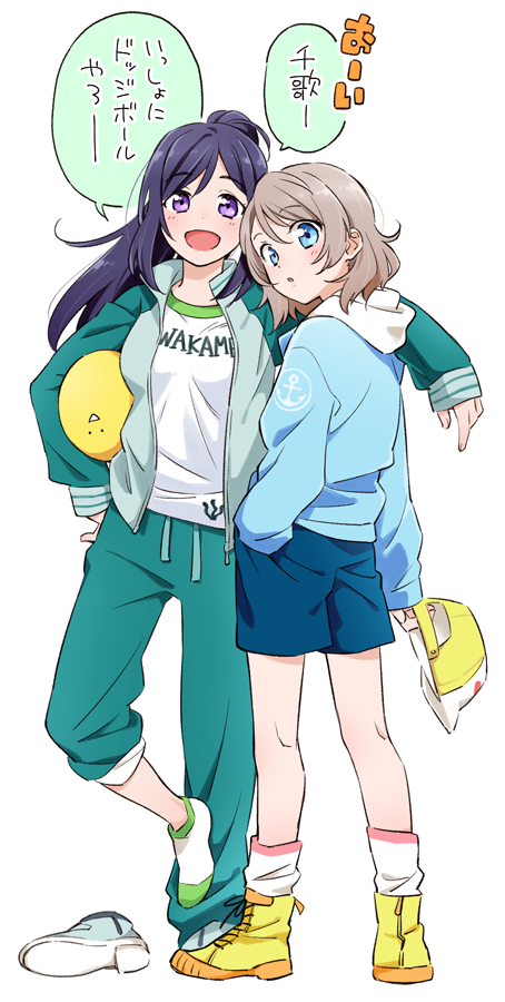 2girls arm_on_shoulder baseball_cap black_hair blue_eyes full_body grey_hair hat hat_removed headwear_removed jacket looking_at_viewer love_live! love_live!_sunshine!! matsuura_kanan multiple_girls ogawa_maiko open_clothes open_jacket open_mouth ponytail shoe_removed short_hair shorts single_shoe smile standing violet_eyes watanabe_you